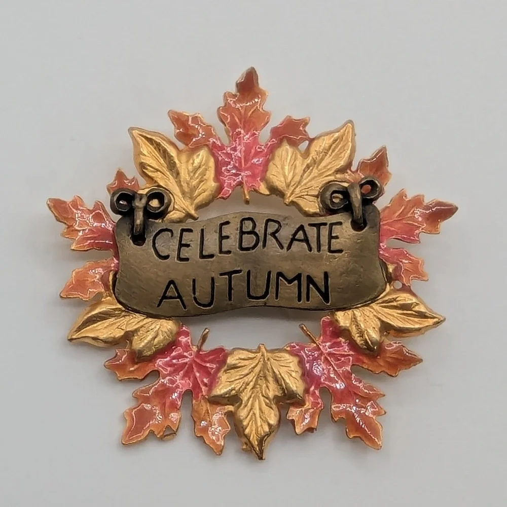 Kenneth Cole Autumn Leaves Celebrate Autumn Brooch Pin Gold Tone Red Orange‎